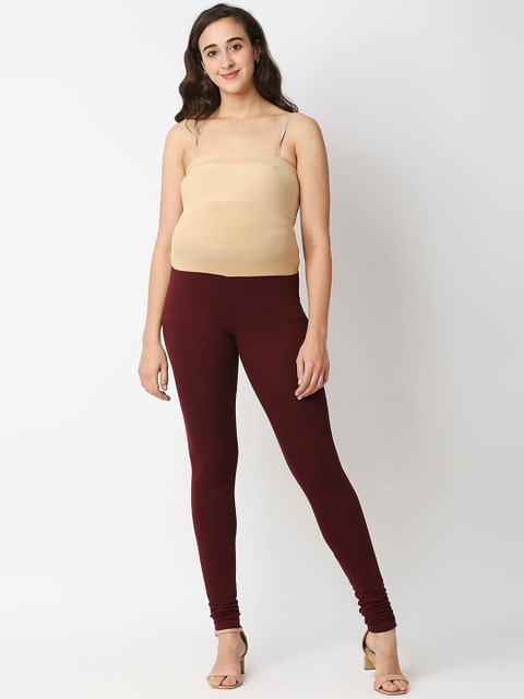 MeeMee Women Maroon Solid Churidar-Length Cotton Maternity Leggings
