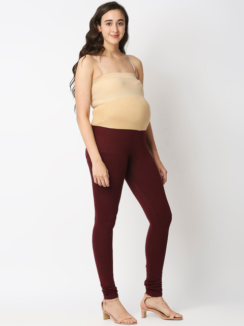 MeeMee Women Maroon Solid Churidar-Length Cotton Maternity Leggings - Image 2