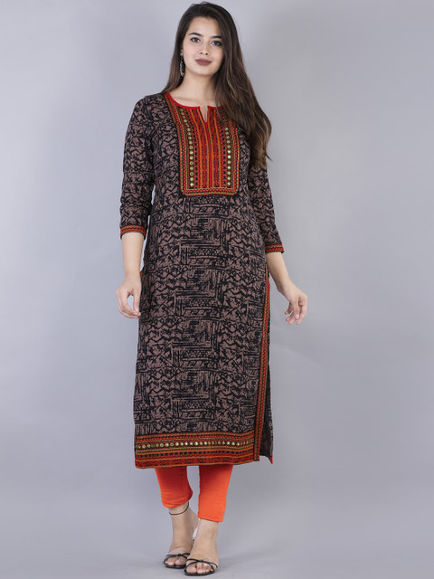 KALINI Women Brown Geometric Printed Flared Sleeves Thread Work Kurta