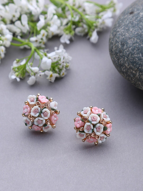 SOHI Pink & White Floral Studs Earrings