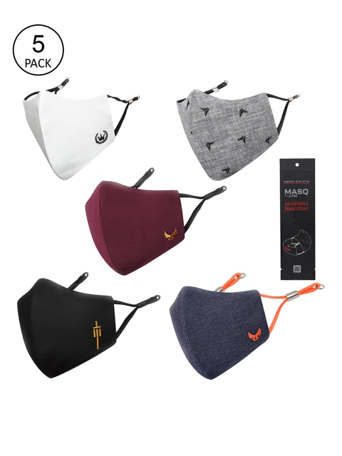 MASQ Men Pack Of 5 Black & Grey 4-Ply Reusable Cotton Cloth Face Masks