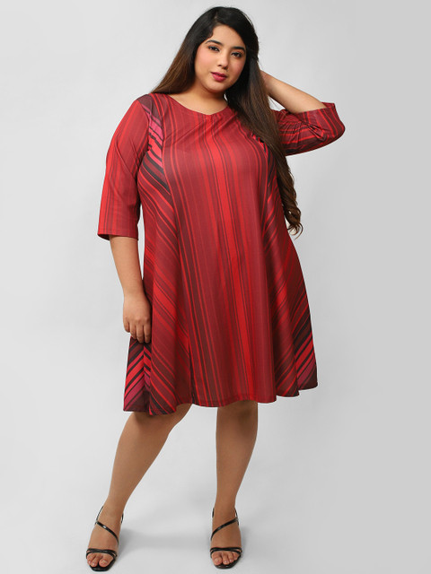 Amydus Women Plus Size Black Striped A-Line Dress