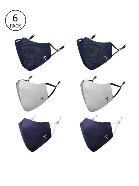 MASQ Unisex Pack Of 6 4-Ply Navy Blue & Grey Pure Cotton Reusable Cloth Masks