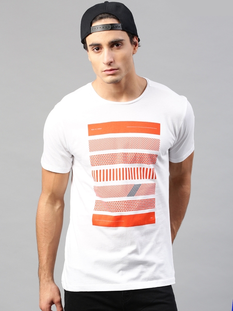 HRX by Hrithik Roshan Men White Orange Printed Cotton Pure Cotton T-shirt