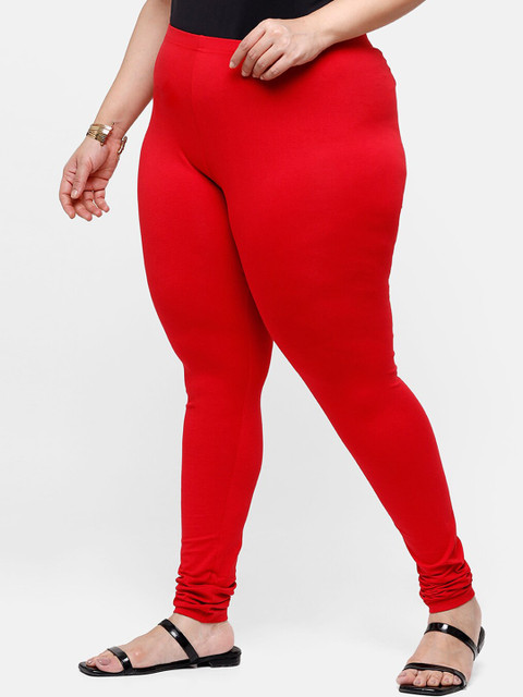 De Moza Women Red Solid Cotton Churidar-Length Leggings - Image 2