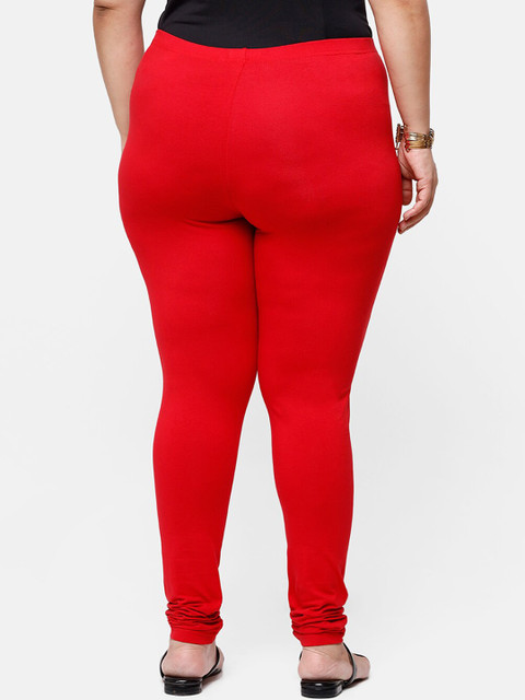 De Moza Women Red Solid Cotton Churidar-Length Leggings - Image 3
