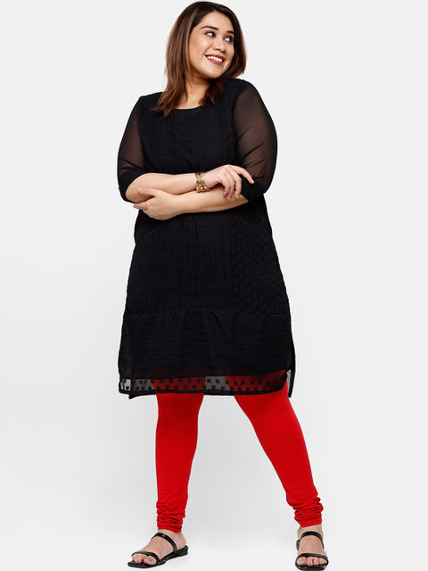 De Moza Women Red Solid Cotton Churidar-Length Leggings - Image 4