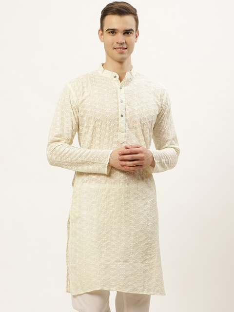 Jompers Men Cream-Coloured Ethnic Motifs Embroidered Straight Kurta
