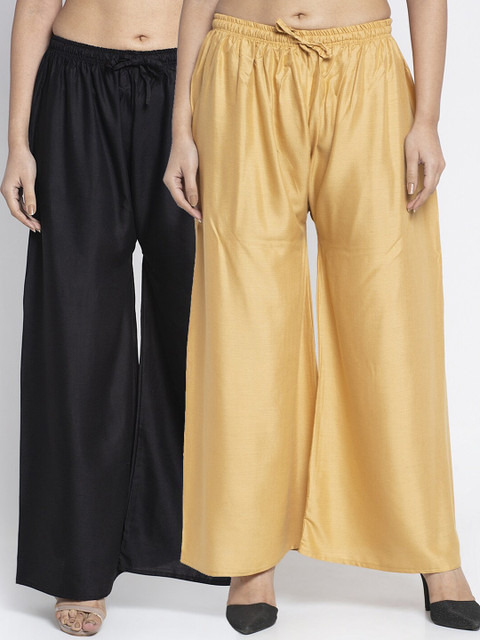 Jinfo Women Black & Tan Set Of 2 Flared Knitted Ethnic Palazzos
