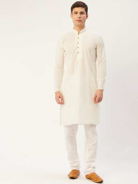 Jompers Men Cream-Coloured Embroidered Thread Work Pure Cotton Kurta with Churidar