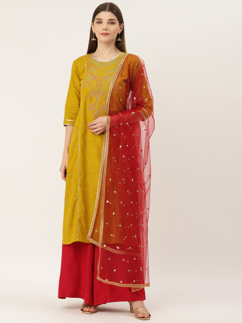 Studio Shringaar Red Net Embroidered Dupatta