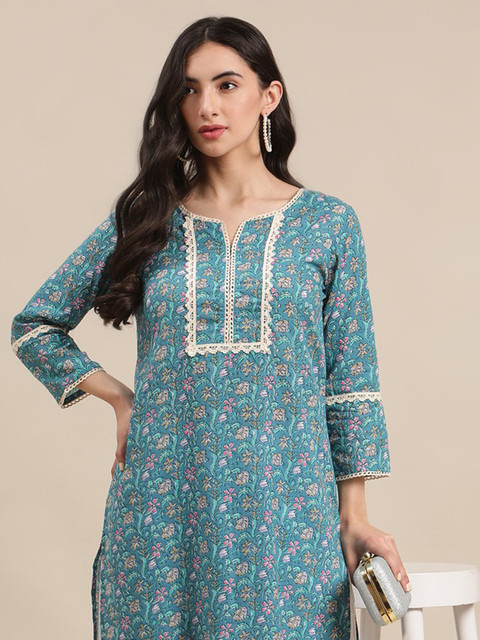 Varanga Women Blue Jaipuri Floral Print Pure Cotton Lace Detailed Kurta