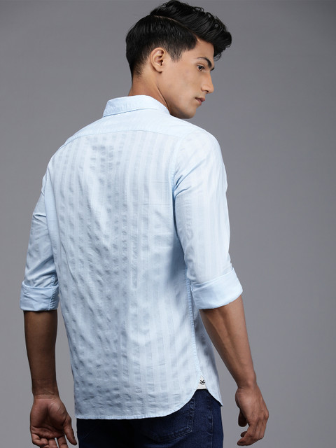 WROGN Men Blue Striped Textured Slim Fit Casual Shirt - Image 5