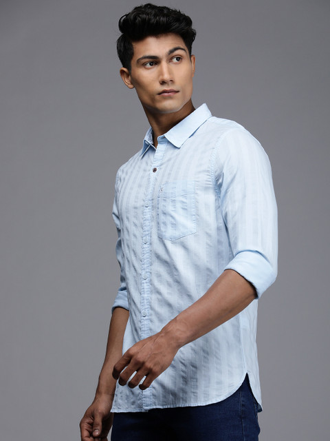 WROGN Men Blue Striped Textured Slim Fit Casual Shirt - Image 4
