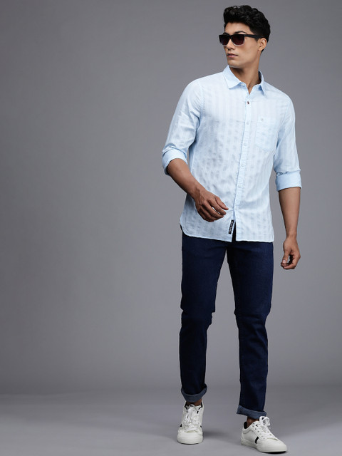 WROGN Men Blue Striped Textured Slim Fit Casual Shirt - Image 6