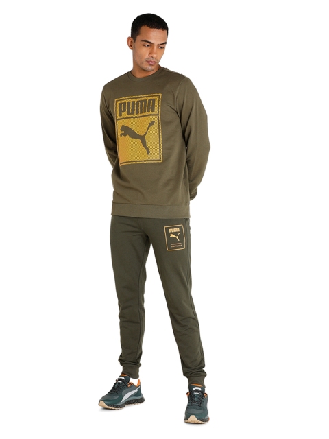 Puma Men Olive Green Brand Logo Printed Graphic Crew Pullover Sweatshirt - Image 6