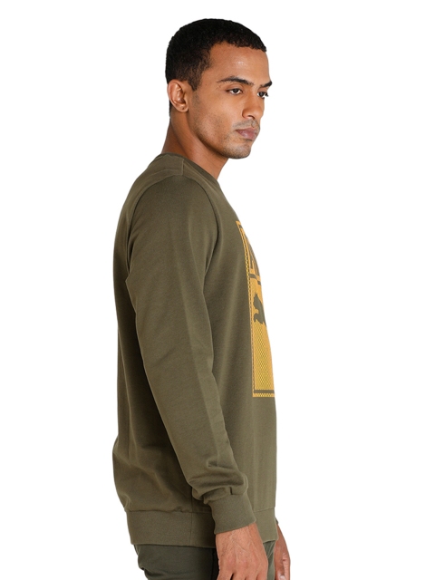 Puma Men Olive Green Brand Logo Printed Graphic Crew Pullover Sweatshirt - Image 3
