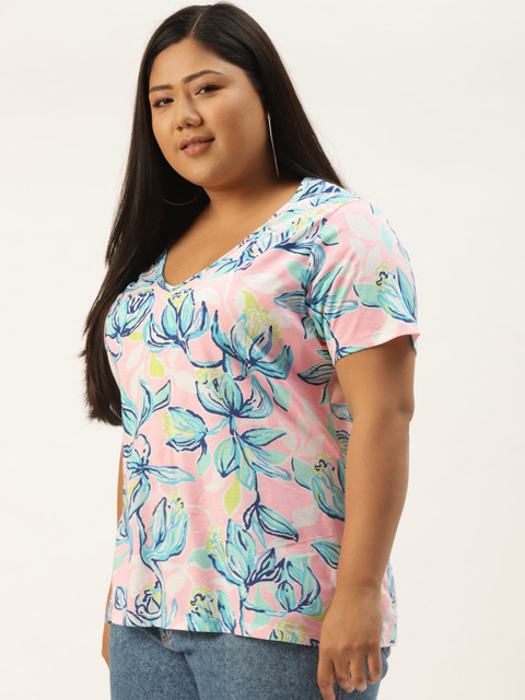 Rute Women Pink & Blue Floral Printed Pure Cotton Plus Size T-shirt - Image 4