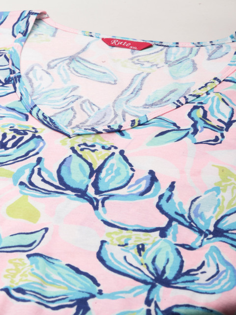 Rute Women Pink & Blue Floral Printed Pure Cotton Plus Size T-shirt - Image 2