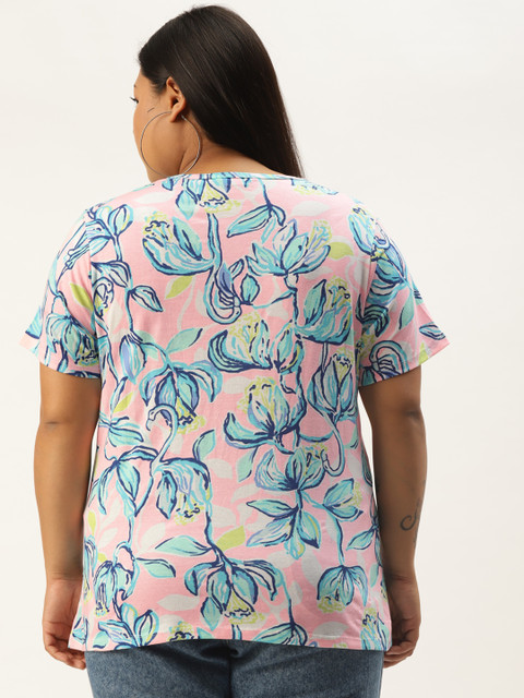 Rute Women Pink & Blue Floral Printed Pure Cotton Plus Size T-shirt - Image 3