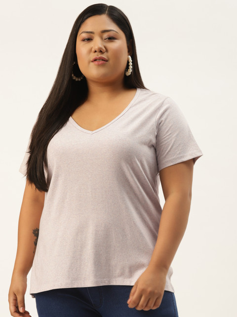 Rute Women Plus Size Off White Solid Cotton V-Neck T-shirt