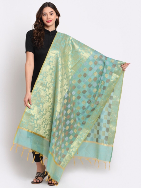 LOOM LEGACY Women Turquoise Blue Woven Design Cotton Silk Jacquard Dupatta