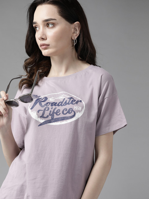 Roadster Women Lavender Brand Logo Printed Pure Cotton T-shirt