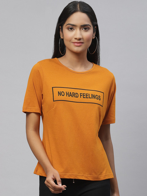 plusS Women Mustard Yellow & Black Typography Print Cotton T-shirt