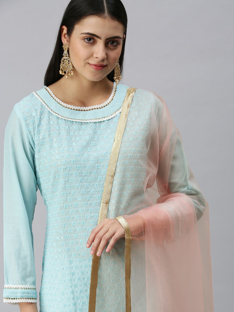 flaher Women Pink Gotta Patti Net Dupatta