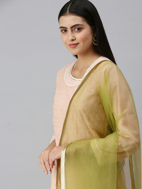 flaher Women Olive Green Gotta Patti Net Dupatta