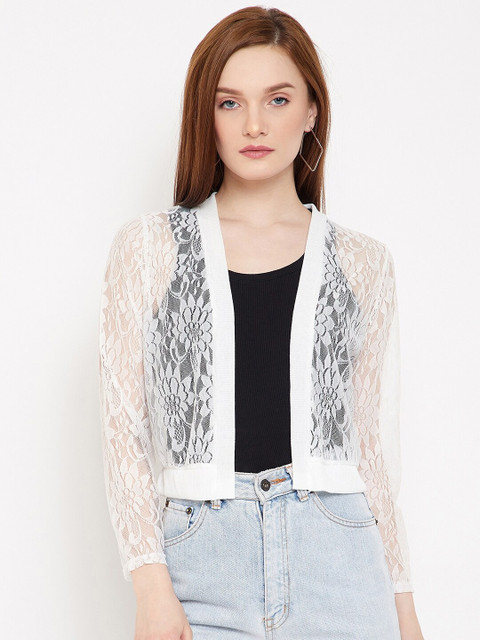 Camey Women White Self-Design Floral Open Front Shrug