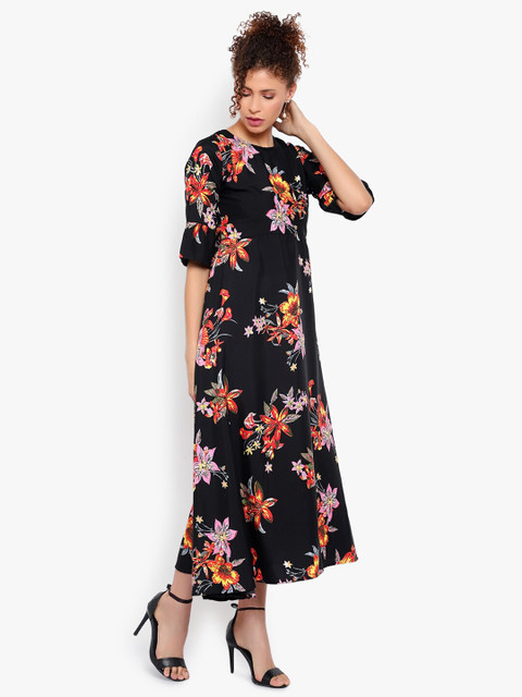 Indietoga Women Black Floral Printed Crepe Maxi Dress - Image 3