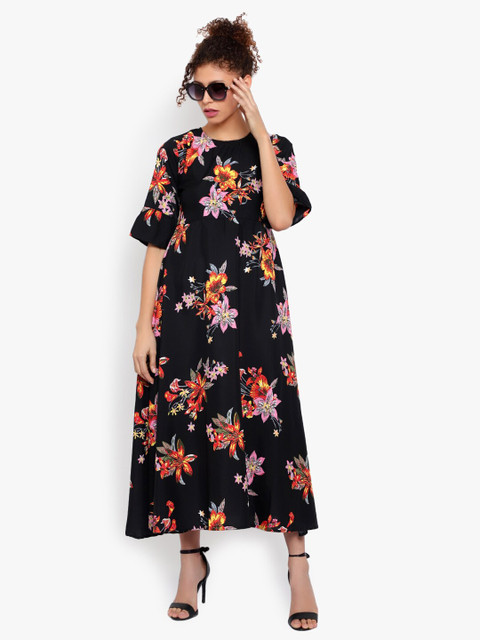Indietoga Women Black Floral Printed Crepe Maxi Dress