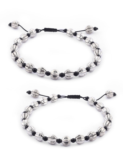 EL REGALO Set of 2 German Silver Black & Silver-Toned Beaded Anklets