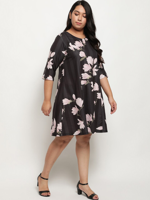 Amydus Women Plus Size Black & Off-White Floral Printed Striped Dress - Image 3