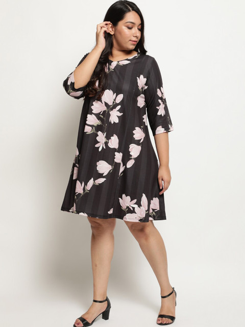 Amydus Women Plus Size Black & Off-White Floral Printed Striped Dress - Image 5