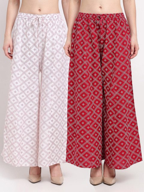 GRACIT Women White & Maroon Set Of 2 Block Printed Flared Fit Palazzo