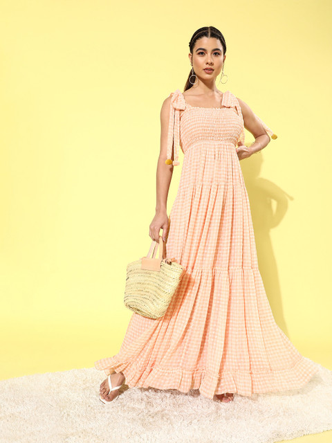 QUIERO Women Classic Peach Checked Summer Gingham Dress