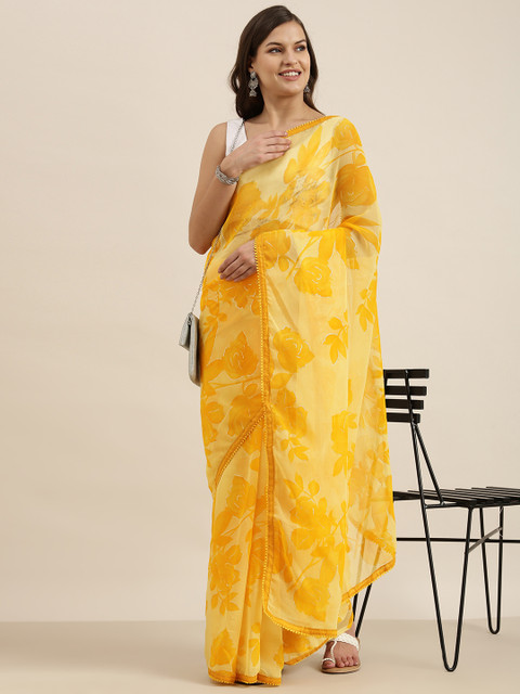 Sangria Yellow Floral Pure Chiffon Saree