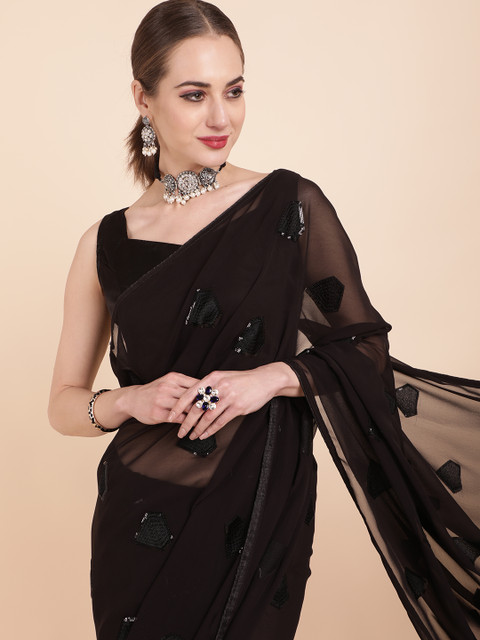 Sangria Black Embellished Sequinned Pure Georgette Saree - Image 2