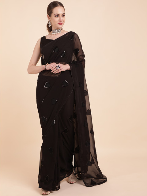 Sangria Black Embellished Sequinned Pure Georgette Saree - Image 3