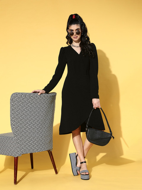 plusS Women Stylish Black Solid Volume Play Dress