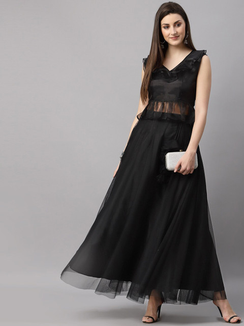 NEUDIS Women Black Solid Flared Maxi Lehenga Skirt