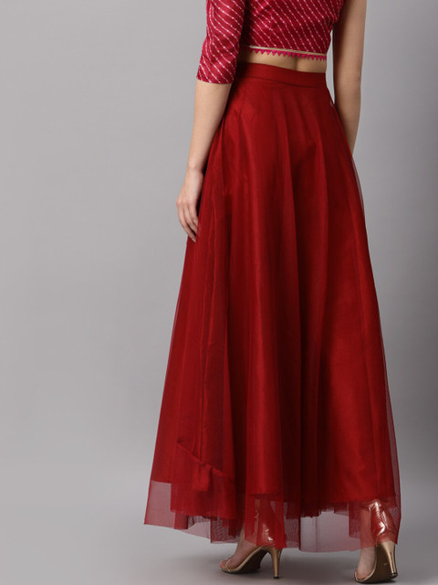 NEUDIS Women Maroon Solid Soft Net Flared Maxi Lehenga Skirt - Image 4