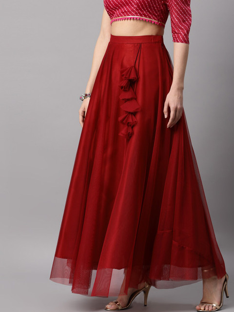 NEUDIS Women Maroon Solid Soft Net Flared Maxi Lehenga Skirt - Image 3