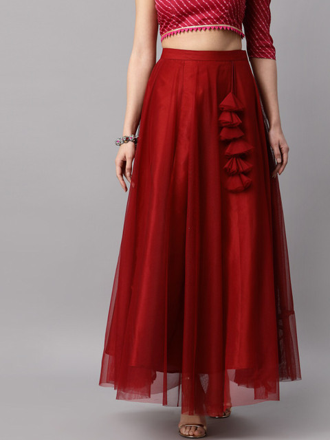 NEUDIS Women Maroon Solid Soft Net Flared Maxi Lehenga Skirt - Image 2