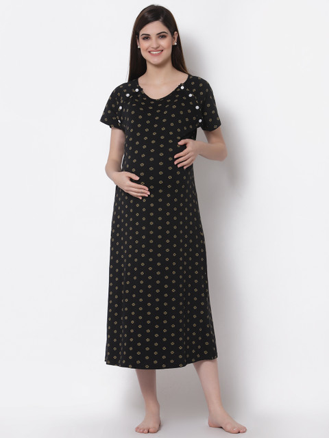 Tiara Black Printed Maternity & Feeding Nightdress