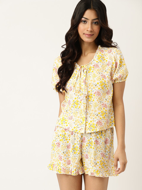 ETC Women White & Yellow Printed Night suit