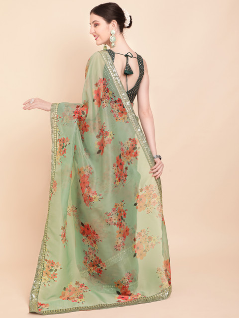 Sangria Olive Green & Red Floral Printed Organza Saree With Sequinned Blouse piece - Image 5