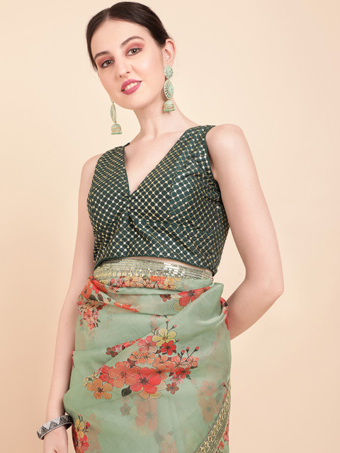 Sangria Olive Green & Red Floral Printed Organza Saree With Sequinned Blouse piece - Image 6